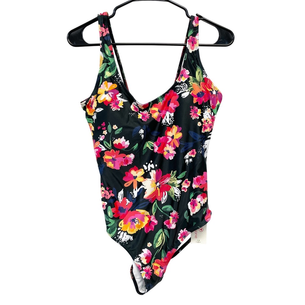 Berry Jane Women's Black Floral Scoop Neck One-Piece Swimsuit Size Medium